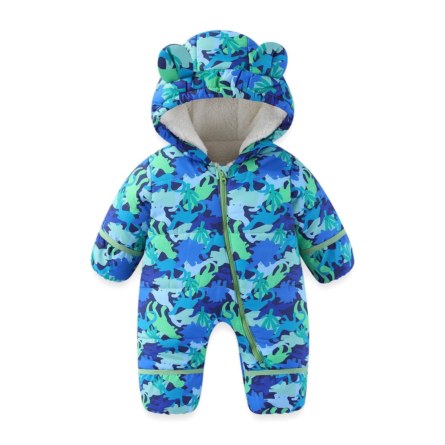 JiAmy Baby Winter Snowsuit, Toddler Bear Hood Fold-Over Mittens Booties Jumpsuit Toddler Warm Fleece Romper Girls Boys Warm Jumpsuit 3-24 Months