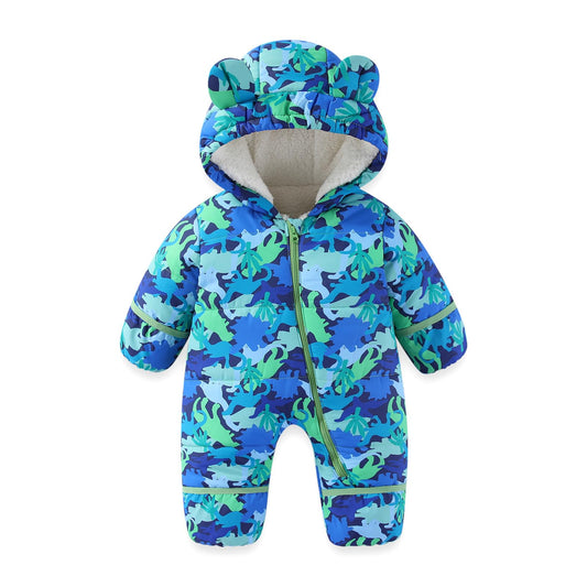 JiAmy Baby Winter Snowsuit, Toddler Bear Hood Fold-Over Mittens Booties Jumpsuit Toddler Warm Fleece Romper Girls Boys Warm Jumpsuit 3-24 Months
