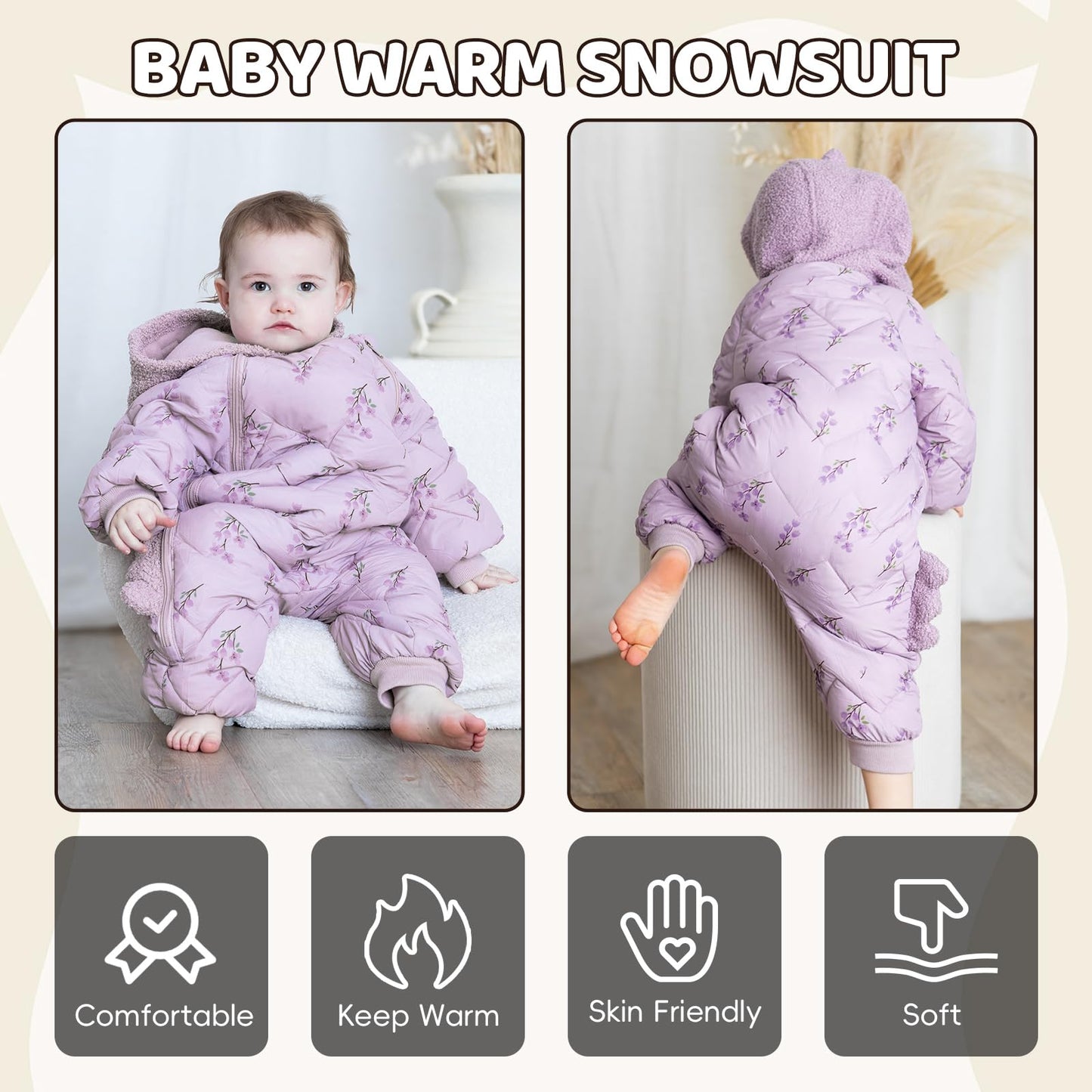 JiAmy Baby Snowsuit, Baby Boys Girls Winter Jumpsuit Romper Newborn Snow Overall for 6-24 Months