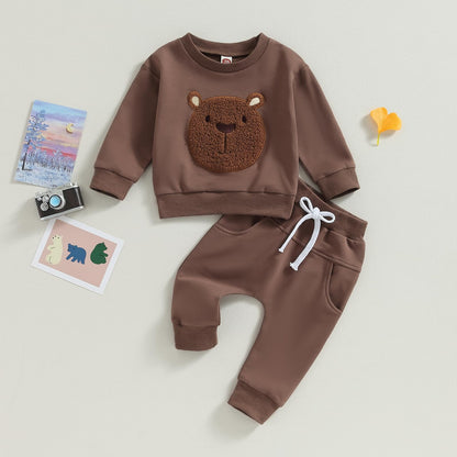 Carolilly Baby Suit 2-Piece Clothing Outfit Baby Clothing Set Cute Long Sleeve Sweatshirt Embroidered Bear + Long Trousers Warm Children's Suit Autumn Spring