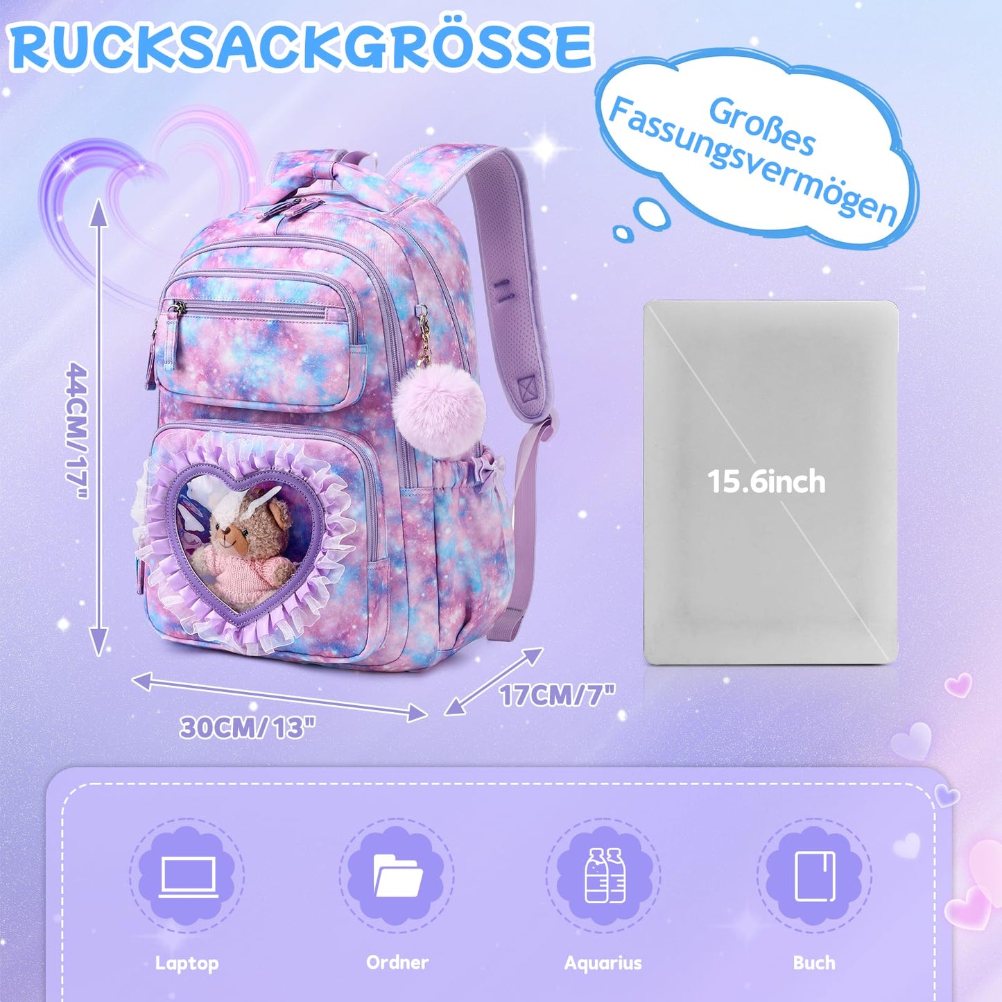Schulrucksack Mädchen Herzdesign 22L mit Gepäckgurt für Schule | Spitze & Schleifendetails, Ergonomische 3D-Rückenpolsterung, wasserabweisendes Polyester, zahlreiche getrennte Fächer