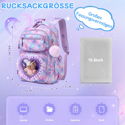 Schulrucksack Mädchen Herzdesign 22L mit Gepäckgurt für Schule | Spitze & Schleifendetails, Ergonomische 3D-Rückenpolsterung, wasserabweisendes Polyester, zahlreiche getrennte Fächer