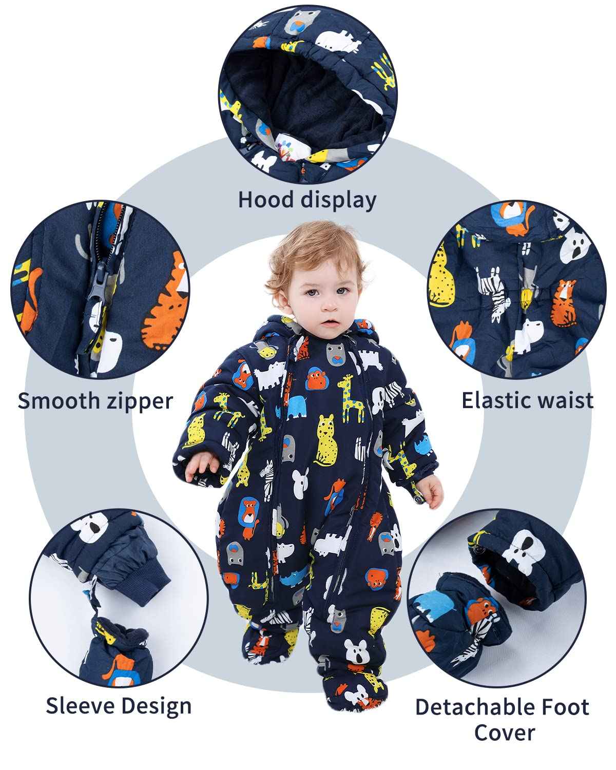 Baby Romper with Hood, Snowsuits with Gloves and Booties, for Toddlers, Fleece Cotton Romper for Toddlers, Boys and Girls, Warm Jumpsuit, Winter Jacket, 6-9 Months