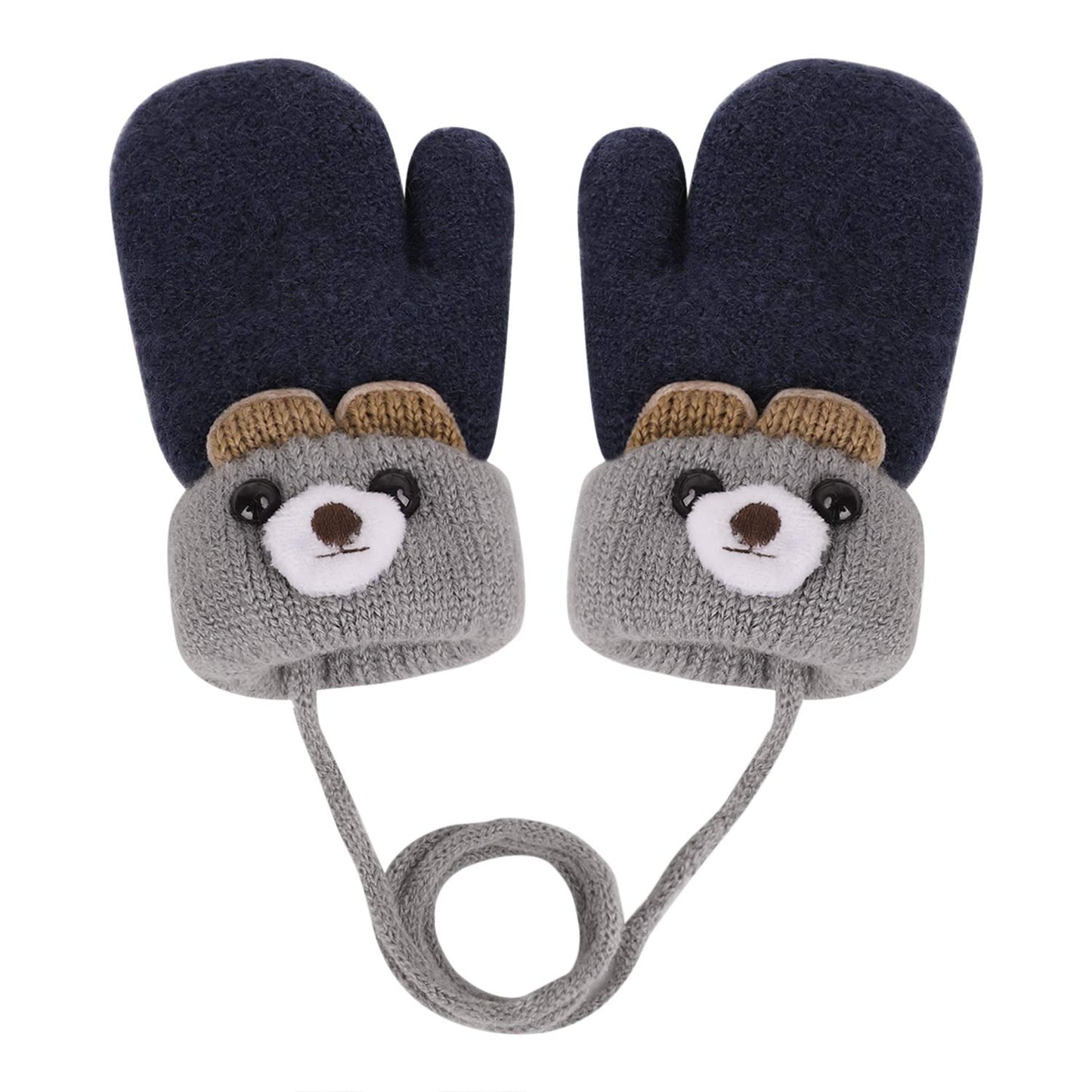 Kids Winter Gloves Mittens Baby Cartoon Mitten Neck Gloves Thick Double Knitted Glove with Plush,0 - 3 years old, Playing, Running, Skiing