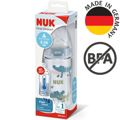 NUK First Choice+ Babyflasche | 6-18 Monate | Temperaturkontrolle | Fließkontrolle | Anti-Colic Belüftungssystem | 360 ml | BPA-frei | Silikonsauger | Krokodil (blau)