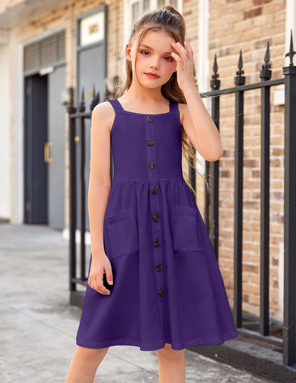 Arshiner Mädchen Kleider Ärmelloses Kinderkleid Knopfleiste Trägerkleid Sommer Baumwolle Swingkleid Festliches A-Linie Freizeitkleid Elegant Kleid für Mädchen 5-14 Jahre