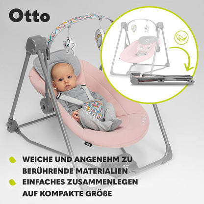 LIONELO Otto Baby Seesaw, Baby Swing, Play Arch with Interactive Toys, 5 Swing Speeds, Nature Sounds, from Birth to 9 kg, Foldable (Cozy Grey) (Pink)