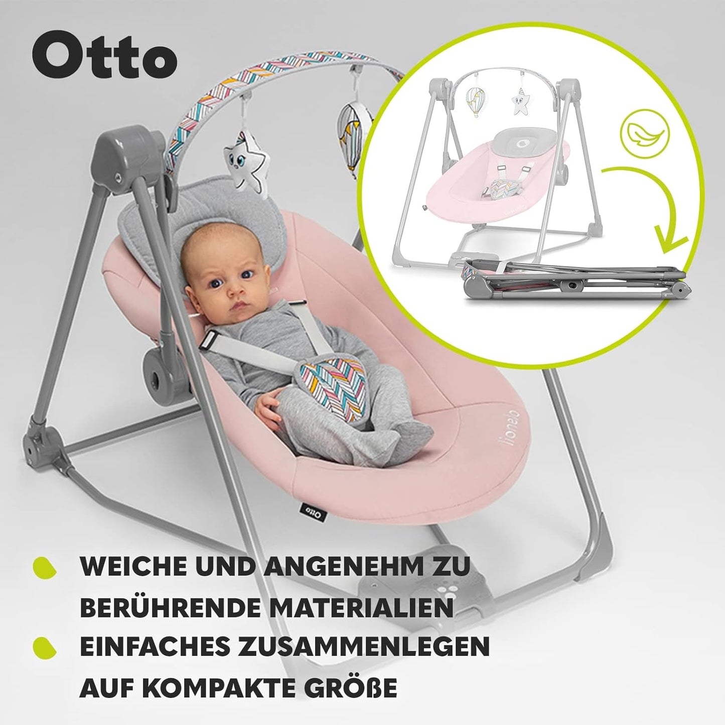 LIONELO Otto Baby Seesaw, Baby Swing, Play Arch with Interactive Toys, 5 Swing Speeds, Nature Sounds, from Birth to 9 kg, Foldable (Cozy Grey) (Pink)