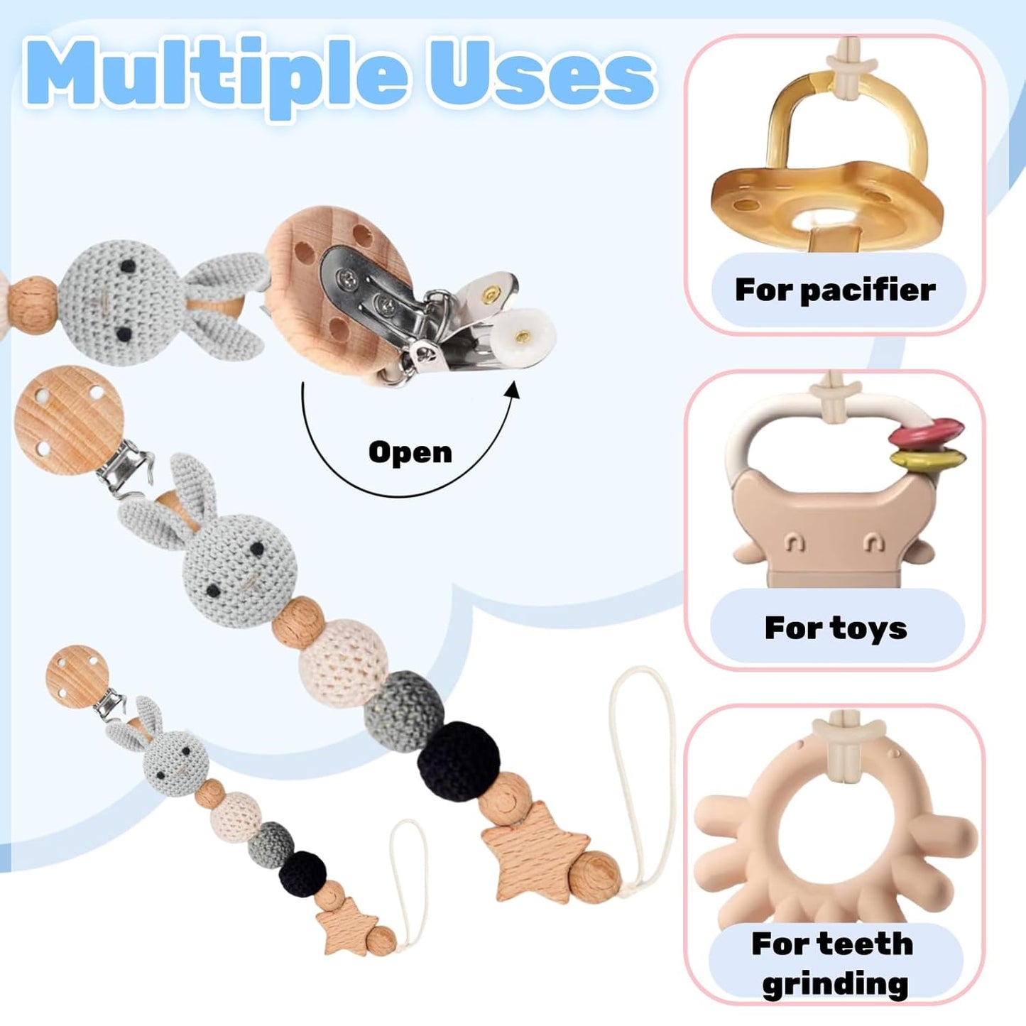 Weploda Baby Schnullerkette Clip, Schnullerkette, Schnullerkette Holz, Geflochtene Schnullerkette, Niedliche Cartoon Schnullerkette, Schnullerkette Mit Hasenmuster, Für Baby, Hält Schnuller Sauber