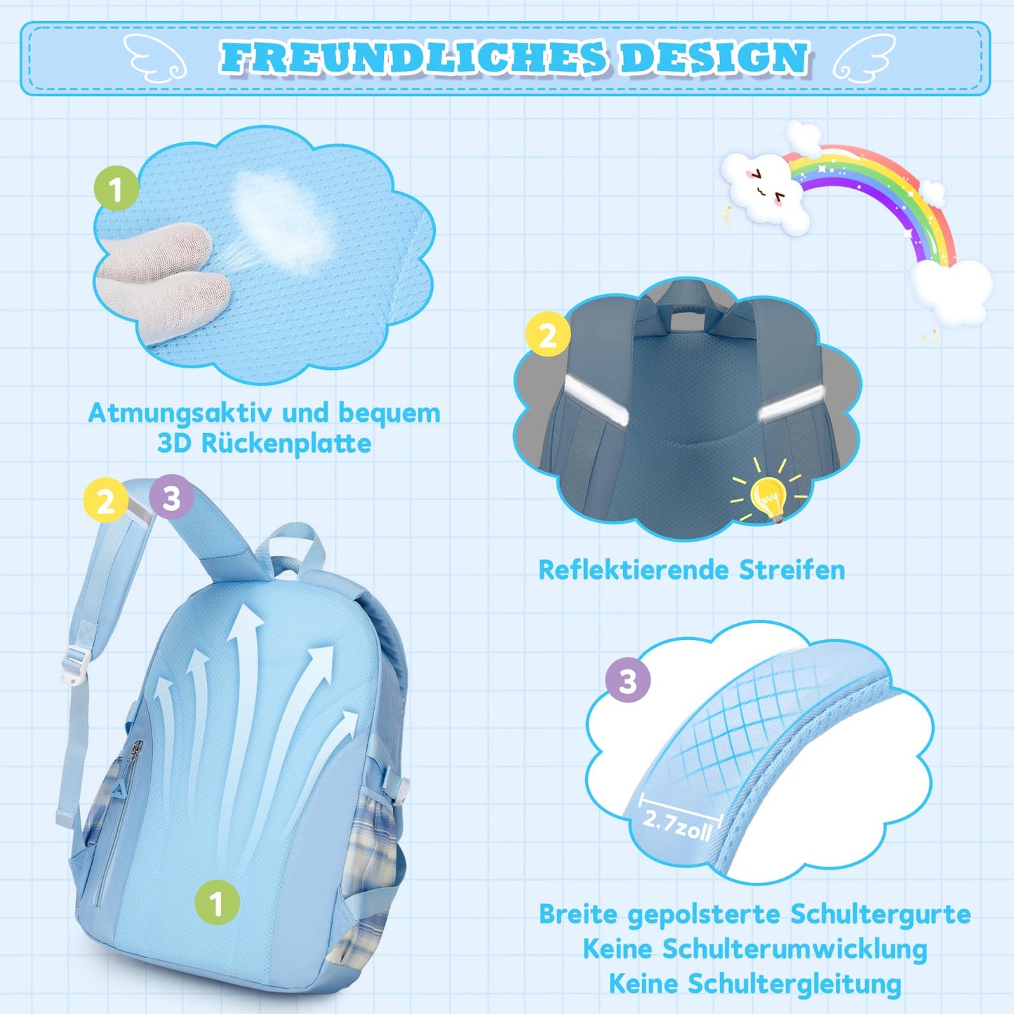 Rucksack mädchen 22L ergonomisch mit reflektierenden Streifen | Wasserdichtes Karogewebe, atmungsaktives 3D-Rückenpolster, zahlreiche getrennte Fächer, passend für 15,6-Zoll-Laptops
