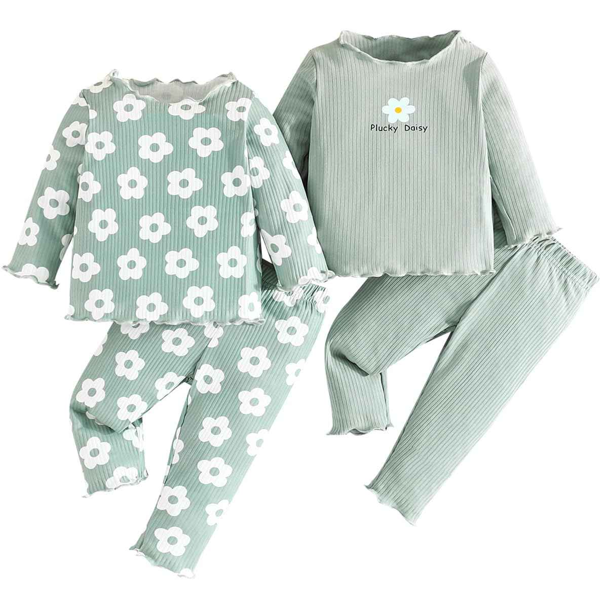 LUVCES Toddler Baby Girl Clothing Set Ruffle Ribbed Short Sleeve / Long Sleeve T-Shirt Tops + Shorts Trousers 4 Pieces Summer Autumn Cute Outfits Set