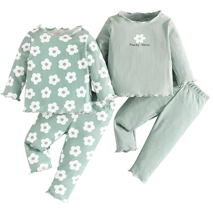 Kleinkind Baby Mädchen Kleidung Set Rüschen gerippt Kurzarm / Langarm T-Shirt Tops + Shorts Hosen 4 Stück Sommer Herbst Süße Outfits Set
