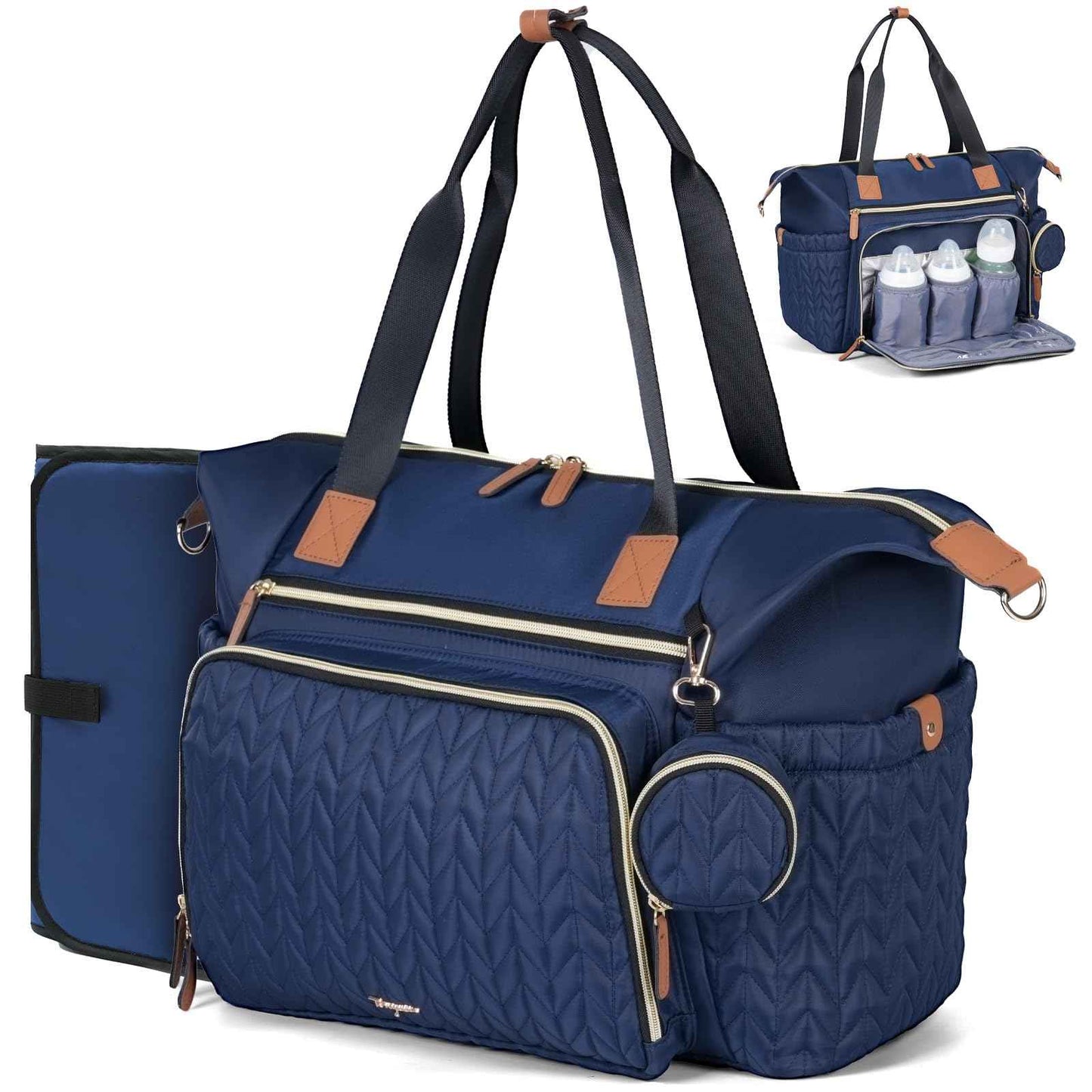 Wickeltasche mit Schnullertasche und Wickelunterlage, Wickelrucksack Multifunktions-Babytasche für Große Reisewindeltasche für Mama und Papa, isolierten Taschen-Dunkelblau