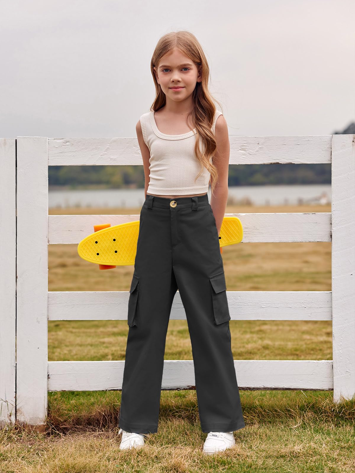 Haloumoning Mädchen Cargohose Baumwoll Y2K Baggy Cargo Hose Kinder Straight Leg Hohe Taille Jogginghose Casual Outdoorhose mit Elastische Taille und Taschen