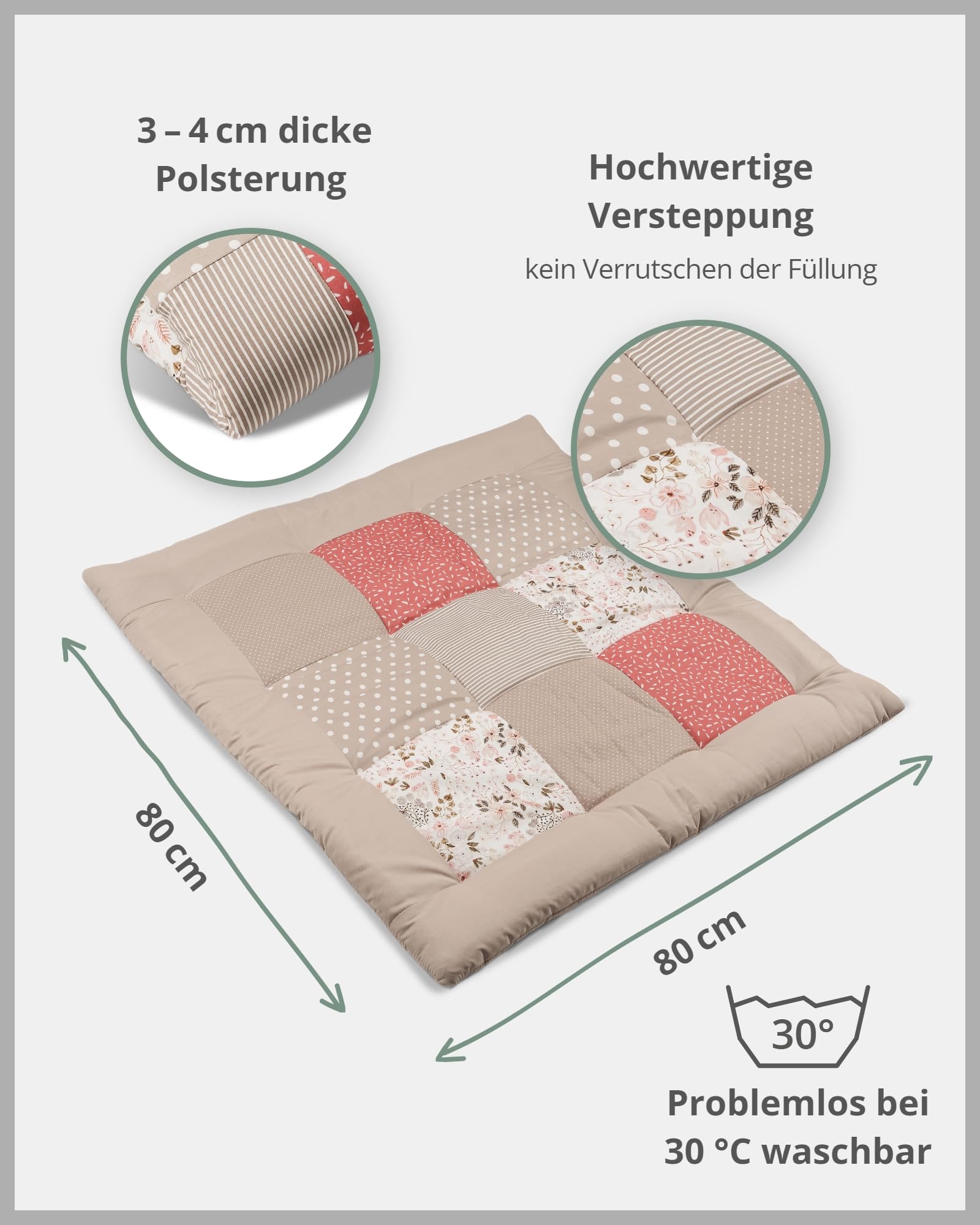 ULLENBOOM Krabbeldecke für Baby 80x80 cm, Outdoor-geeignet, 100% OEKO-TEX Materialien, Made in EU, Weich gepolstert, Eukalyptus - ideal als Spieldecke Baby - Meloni2