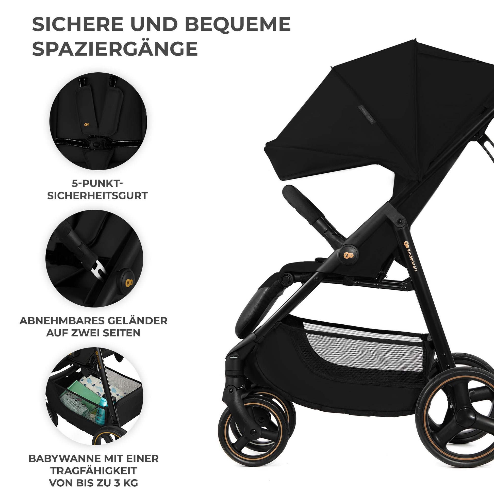 Kinderkraft TRIG 3 Kinderwagen, Kinderbuggy, Liegewagen, Sportwagen, Buggy, Zusammenklappen, Breite und tiefe Sitz, mit Liegeposition, 4 Rad Dämpfung, Große Dach, 5-Punkt-Gurt, bis zu 25 kg, Beige - Meloni2