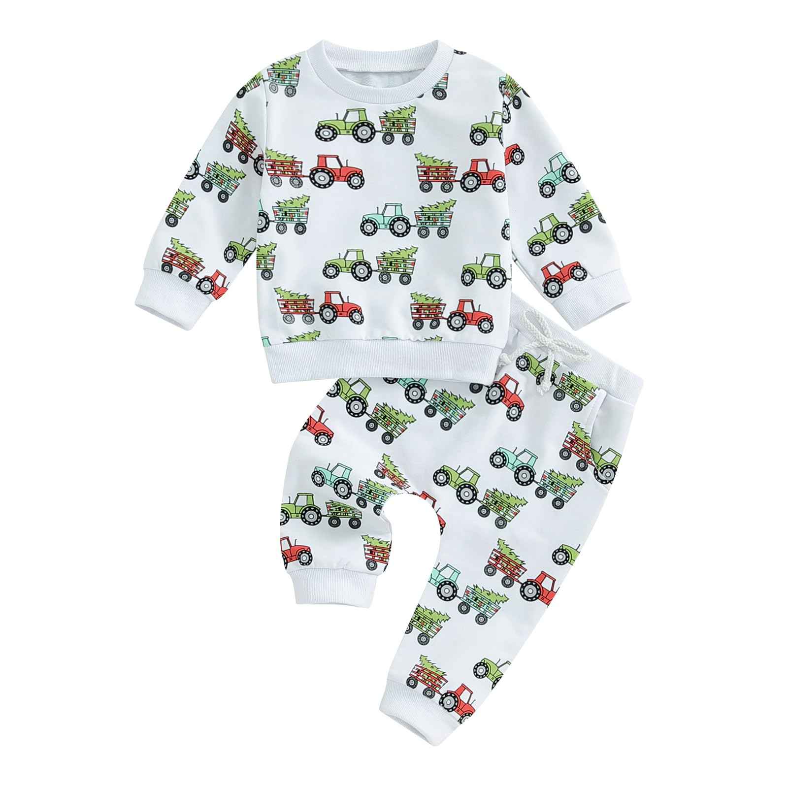 Xeadoffubio Baby Boys' Spring Outfit, Tractor/Car Print Tracksuits, Long Sleeve Car Print Sweatshirts + Elastic Drawstring Trousers, 2-Piece Sports Clothing Set, Soft Tractor Outfits
