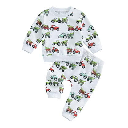Baby-Frühlings-Outfit für Jungen, Trainingsanzüge mit Traktor-/Auto-Print, Sweatshirts mit langen Ärmeln mit Autodruck + elastische Kordelzughose, 2-teiliges Sportbekleidungsset, weiche Traktor-Outfits