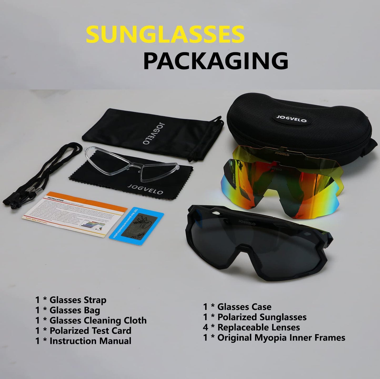 JOGVELO Polarisierte Sonnenbrille, Fahrradbrille Herren Damen mit 3 Wechselgläsern Sportbrillen Radbrille für Radfahren Laufen Angeln