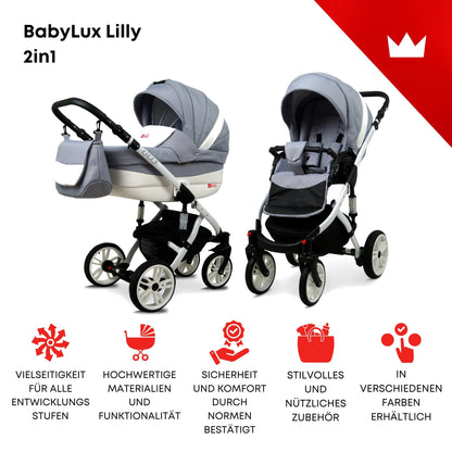 BabyLux® Bambimo Kinderwagen Set 3 in 1 - Lilly - incl. Babywanne, Buggy Sportsitz, Auto-Babyschale - Autositz - Kinderwagenset - Kombikinderwagen mit Wickeltasche, Regenschutz usw.