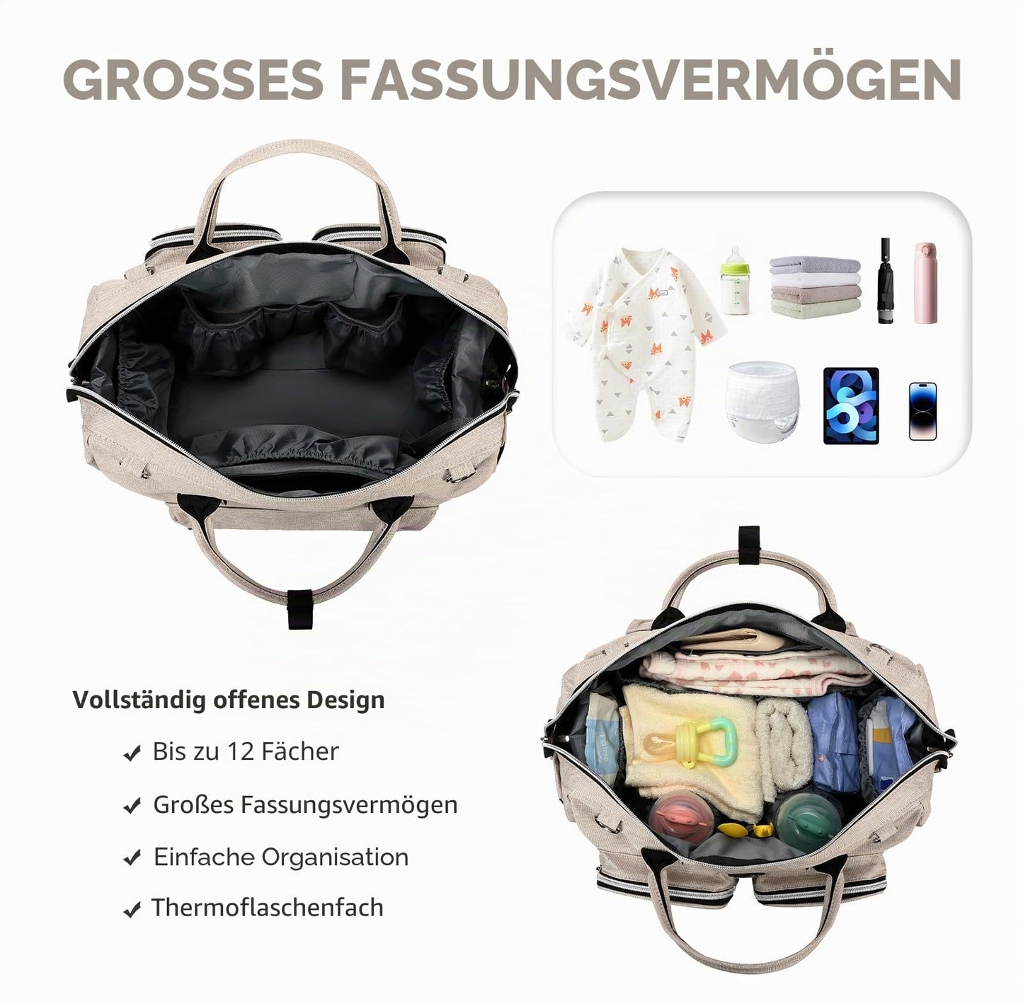 Wickeltasche mit wasserdicher Wickelunterlage und 2 Kinderwagen Haken verstellbare Schultergurt multifunktionale Umhängetasche Reisetasche für Unterwegs