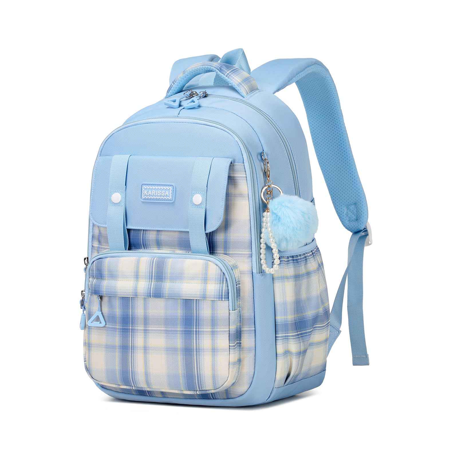 Rucksack mädchen 22L ergonomisch mit reflektierenden Streifen | Wasserdichtes Karogewebe, atmungsaktives 3D-Rückenpolster, zahlreiche getrennte Fächer, passend für 15,6-Zoll-Laptops
