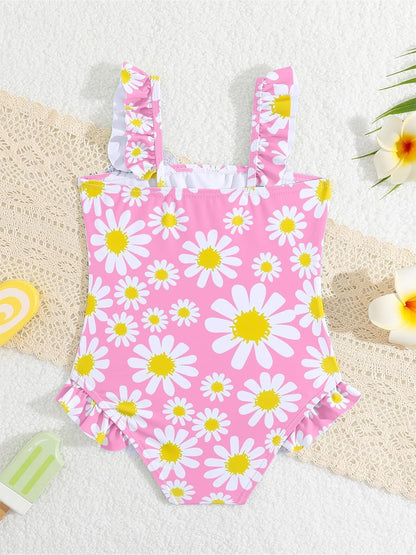 JiAmy Einteiliger Mädchen Badeanzug Blumenmuster Rüschen Elastischen Trägern Ärmellos Kleinkinder Schwimmkleidung für 2–7 Jahre/92-122
