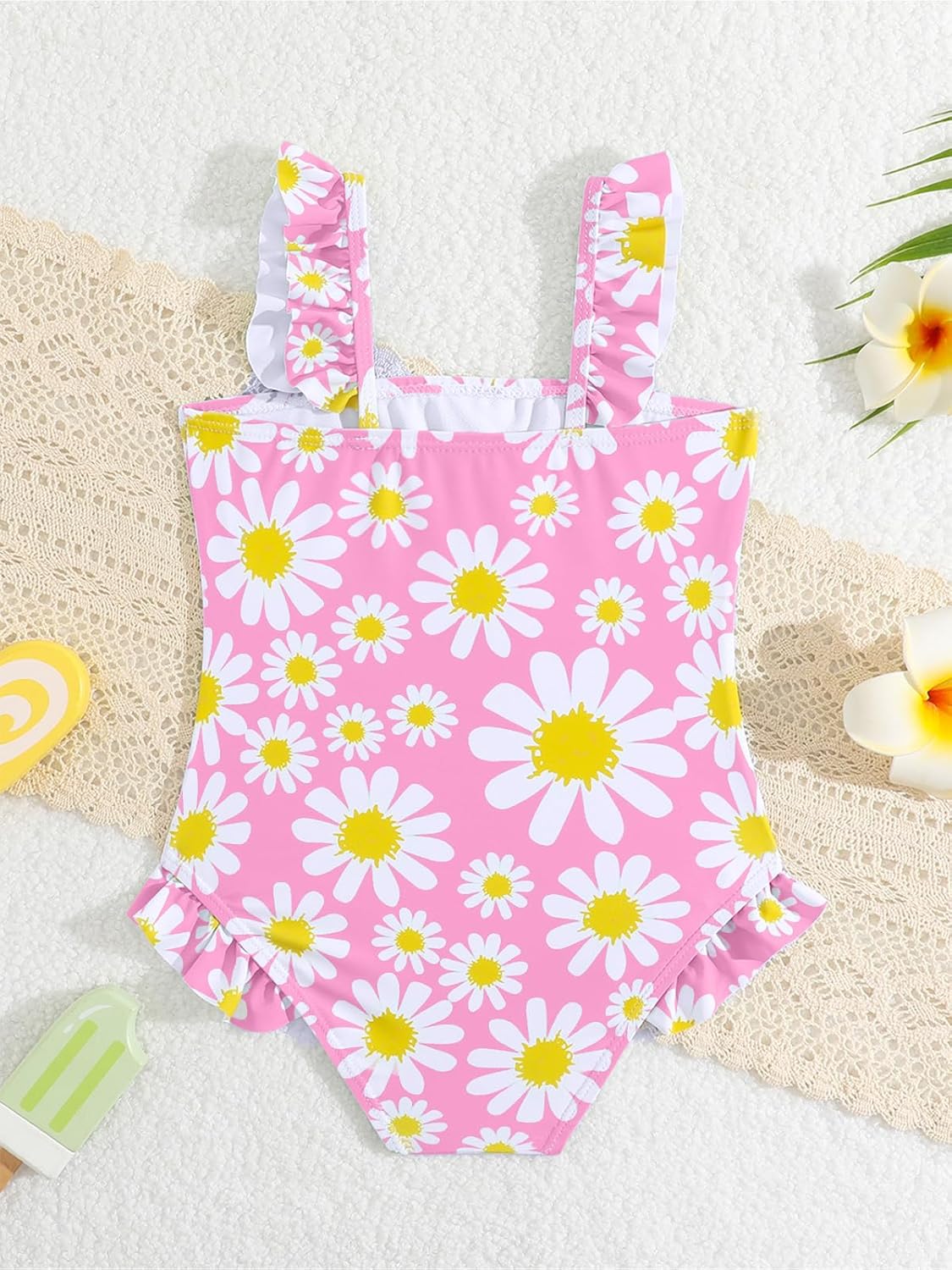JiAmy Einteiliger Mädchen Badeanzug Blumenmuster Rüschen Elastischen Trägern Ärmellos Kleinkinder Schwimmkleidung für 2–7 Jahre/92-122