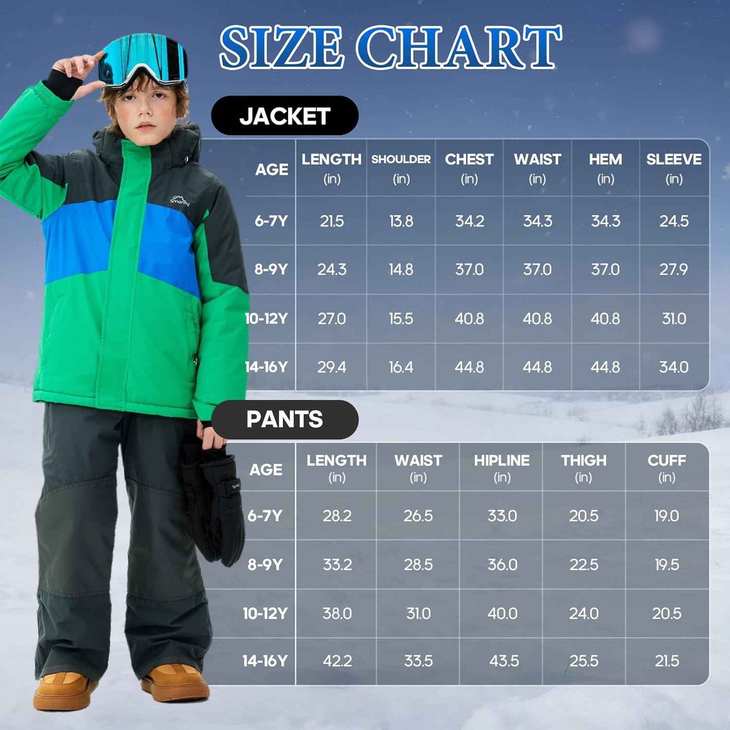 SMONTY Children's Snowsuit for Boys, Winter Ski Jacket and Trousers Set with Hood Strap, Windproof, Waterproof, Warm Coat