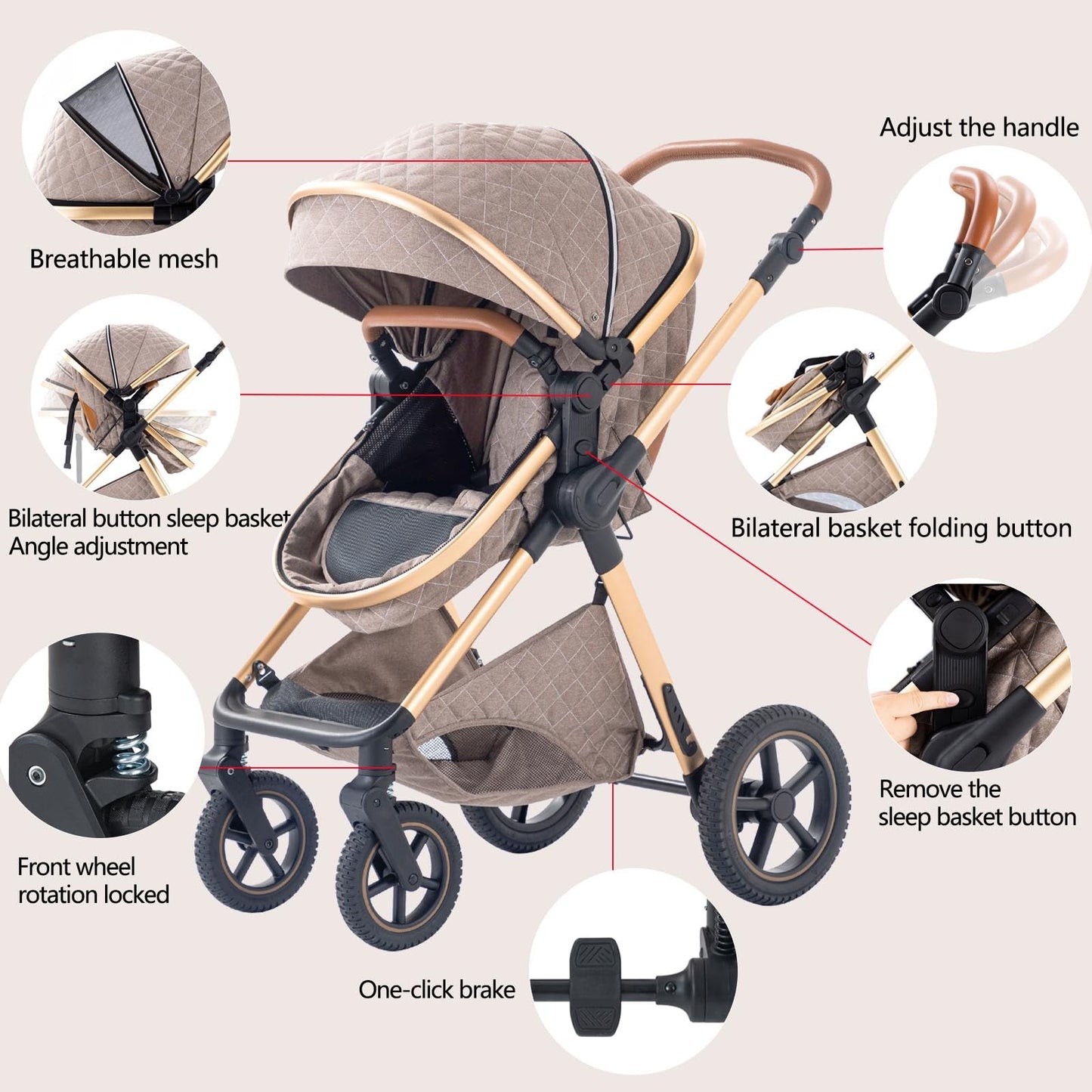 BEBBY 3-in-1 Kinderwagen KombiKinderwagen-Set 2-in-1 Buggy faltbar Luxus Hochlandschaft Neugeborenes Tragbarer Kinderwagen Zusammenklappbarer Kinderwagen Kinderwagen Travel System (D2-DEEPGREY)