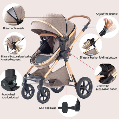BEBBY 3-in-1 Kinderwagen KombiKinderwagen-Set 2-in-1 Buggy faltbar Luxus Hochlandschaft Neugeborenes Tragbarer Kinderwagen Zusammenklappbarer Kinderwagen Kinderwagen Travel System (D2-DEEPGREY)