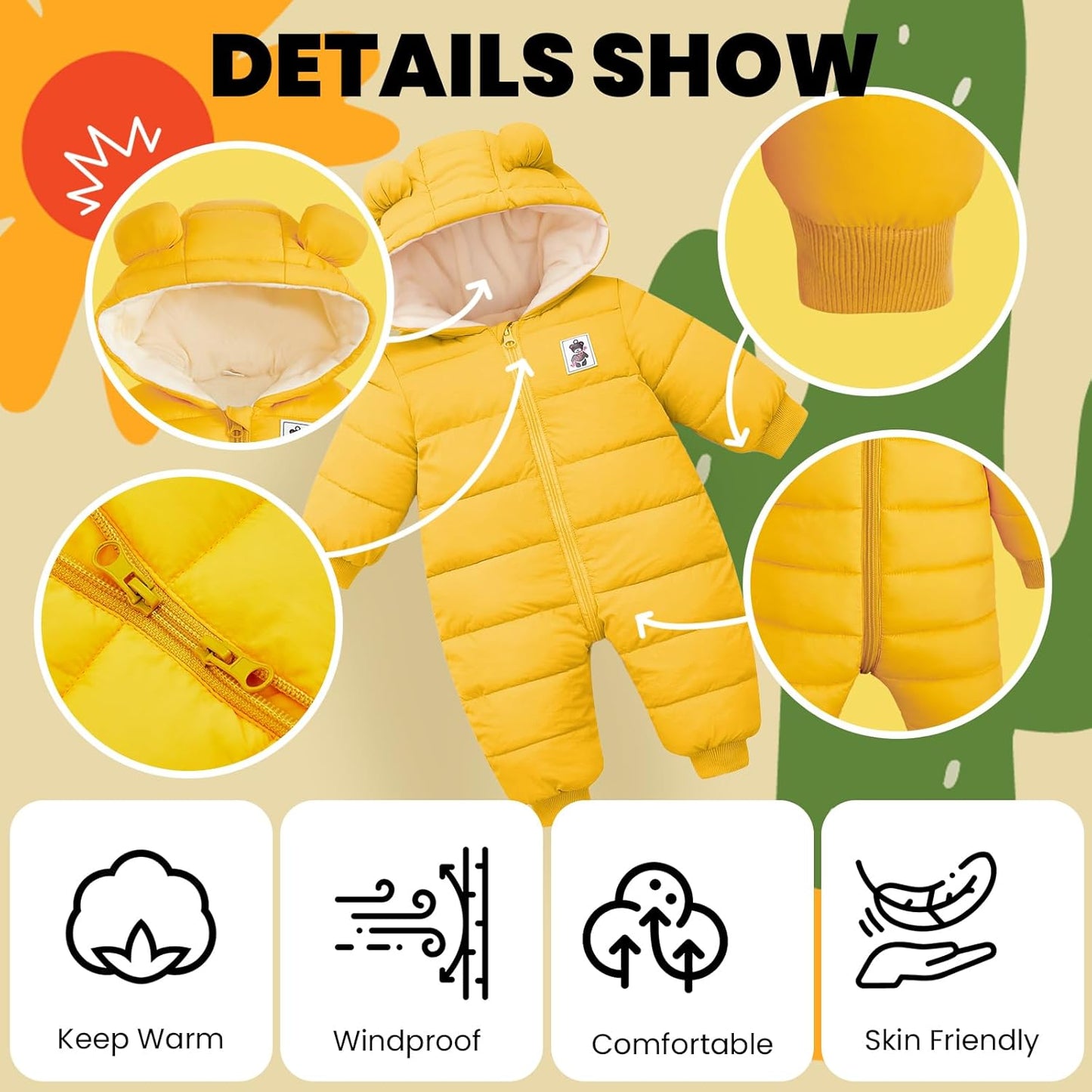 Minizone Baby Winter Jumpsuit with Hood, Romper Snowsuit Boys and Girls, Long-Sleeve Jumpsuit, Warm Outfits, Gift, 6-9 Months, 80 cm, Black