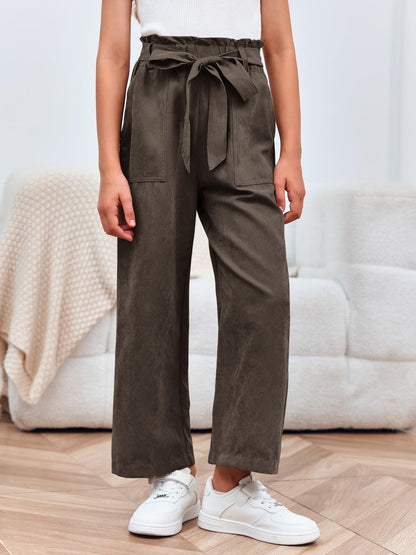 Haloumoning Mädchen Weite Hose Palazzo Hohe Taille Mode Bootcut Elastische Paperbag Freizeithose mit Gürtel