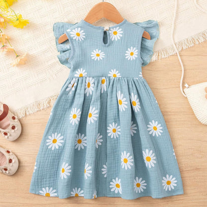 Kleinkinder Mädchen Sommerkleid Rüschenärmel Rundhalsausschnitt Knopfleiste Kleid lässiges Herbst A-Linien Party Kinderkleider 2-6 Jahre