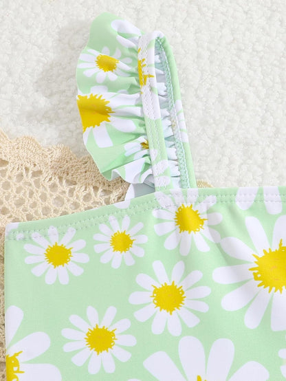 JiAmy Einteiliger Mädchen Badeanzug Blumenmuster Rüschen Elastischen Trägern Ärmellos Kleinkinder Schwimmkleidung für 2–7 Jahre/92-122