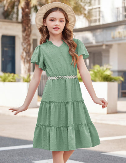 Arshiner Mädchen Kleid Festliches Rüschenärmel Sommerkleider V-Ausschnitt Partykleid Swiss Dot Stufenkleid Kinder A-Linie Swing Kinderkleid mit Tasche 3-12 Jahre