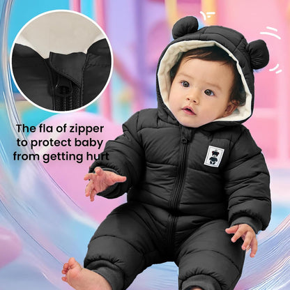 Minizone Baby Winter Jumpsuit with Hood, Romper Snowsuit Boys and Girls, Long-Sleeve Jumpsuit, Warm Outfits, Gift, 6-9 Months, 80 cm, Black