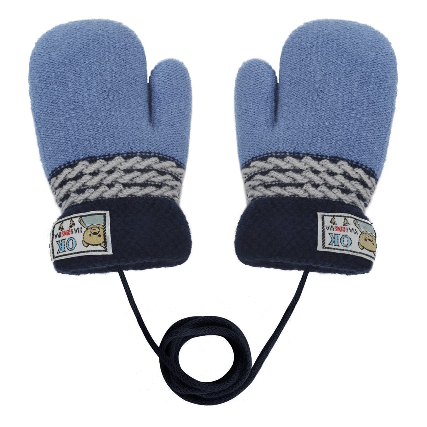 Kids Winter Gloves Mittens Baby Cartoon Mitten Neck Gloves Thick Double Knitted Glove with Plush,0 - 3 years old, Playing, Running, Skiing