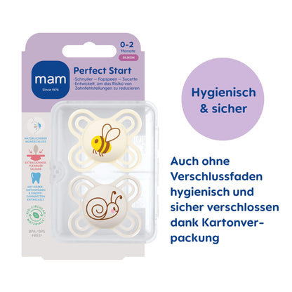 MAM Perfect Start Schnuller im 2er-Set, speziell für Neugeborene, zahnfreundlicher Baby Schnuller aus nachhaltigen & bio-erneuerbaren Materialien, mit Schnullerbox, 0-2 Monate, Biene/Schnecke - Meloni2
