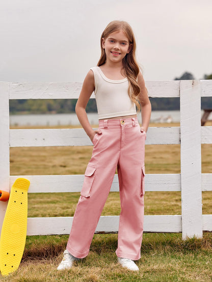 Haloumoning Mädchen Cargohose Baumwoll Y2K Baggy Cargo Hose Kinder Straight Leg Hohe Taille Jogginghose Casual Outdoorhose mit Elastische Taille und Taschen