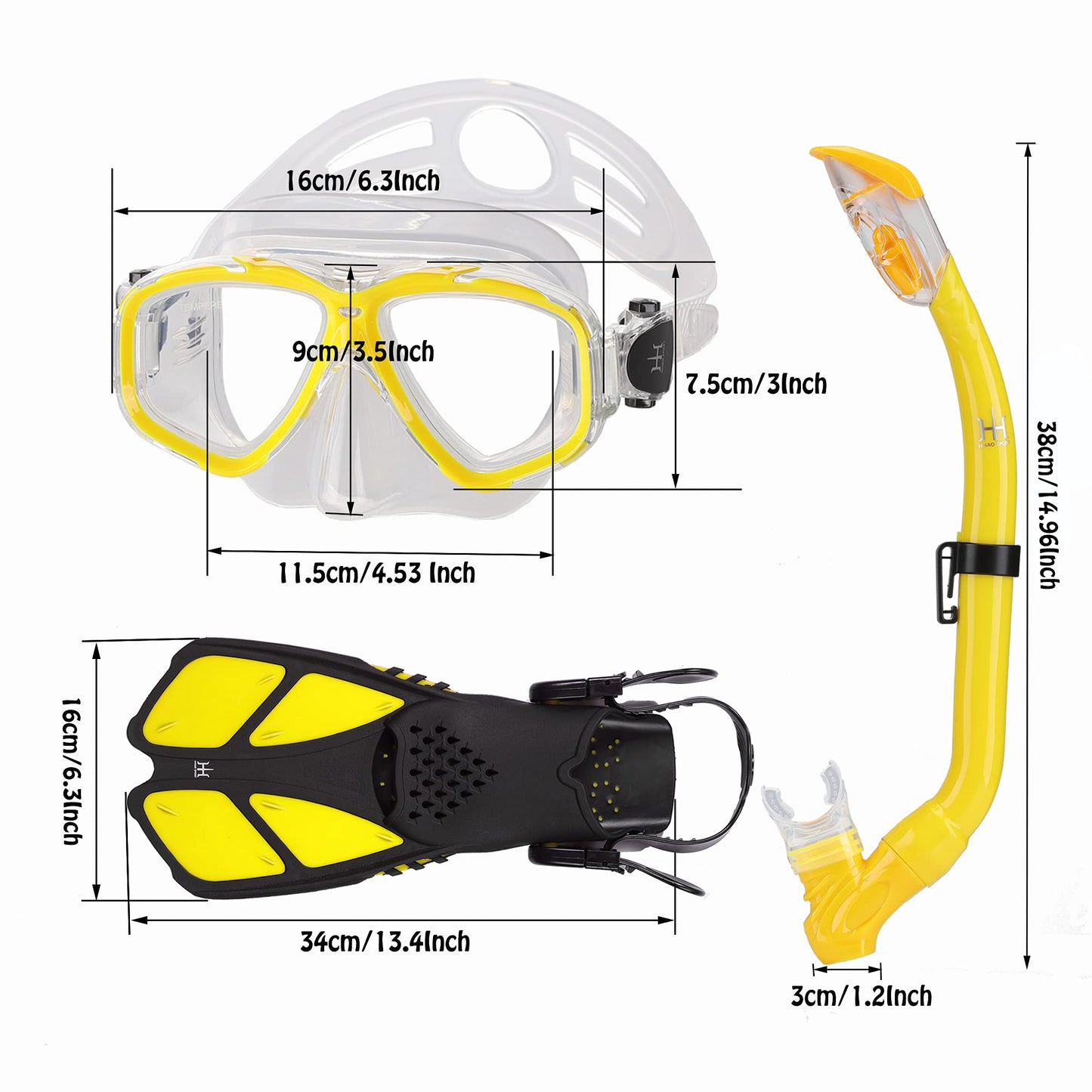 HH HHAO SPORT Children's snorkel set with fins, 180° panorama wide view diving goggles children, adjustable flippers, high-quality diving mask and dry top snorkel