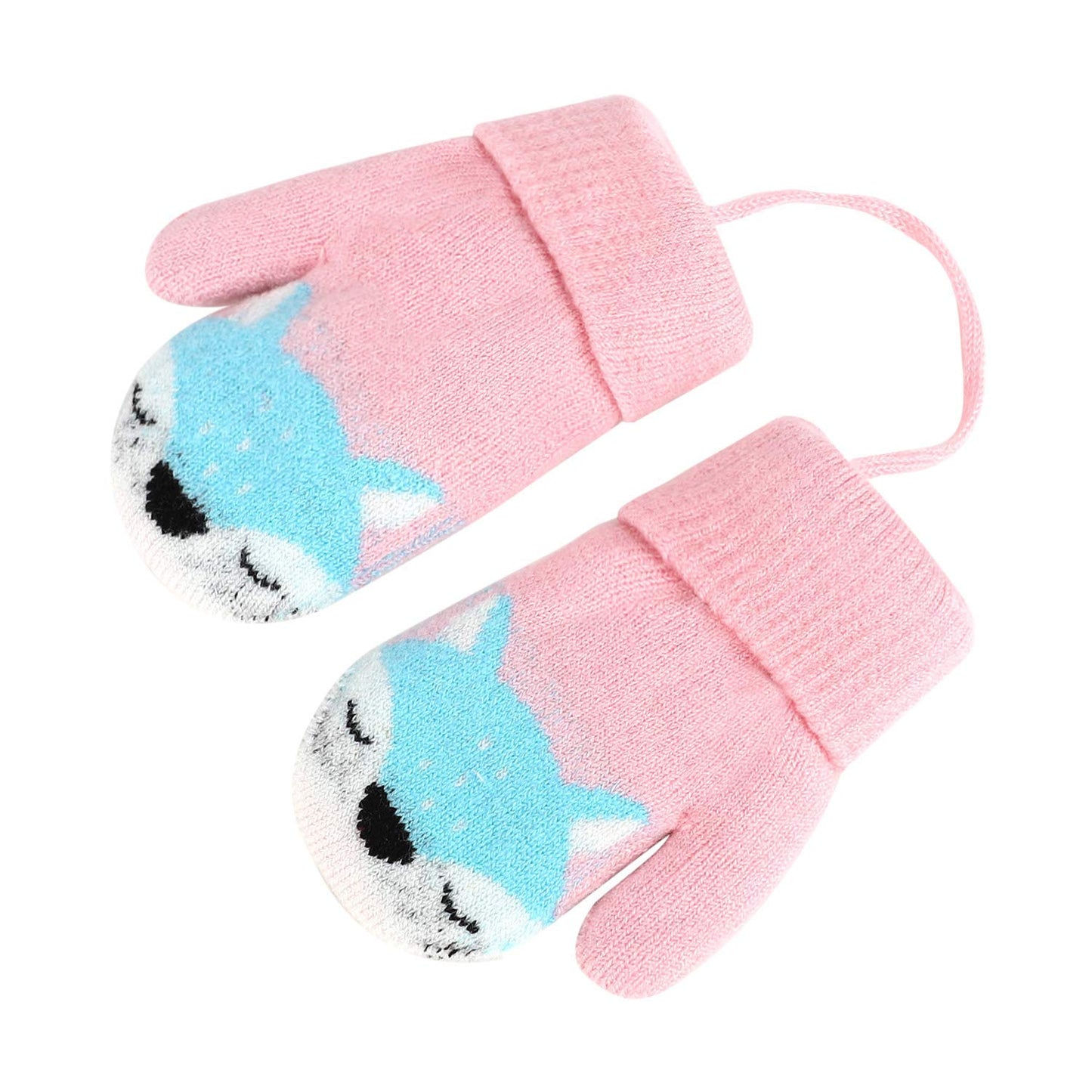 Kids Winter Gloves Mittens Baby Cartoon Mitten Neck Gloves Thick Double Knitted Glove with Plush,0 - 3 years old, Playing, Running, Skiing