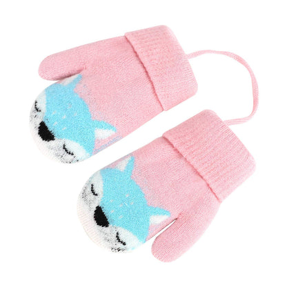 Kids Winter Gloves Mittens Baby Cartoon Mitten Neck Gloves Thick Double Knitted Glove with Plush,0 - 3 years old, Playing, Running, Skiing
