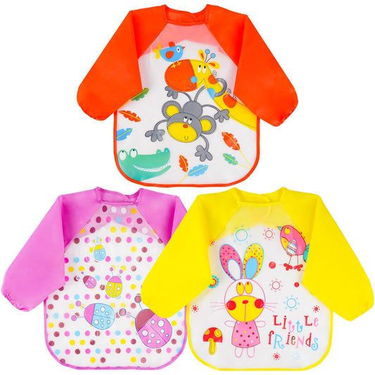 Vicloon Waterproof Baby Bibs, 5pcs Baby Bibs with Long Sleeves, Sleeved Bibs, Unisex Bib Set for Eating, Arts, Crafts, Painting, Playing (Pink, Blue, Green, Yellow) 
