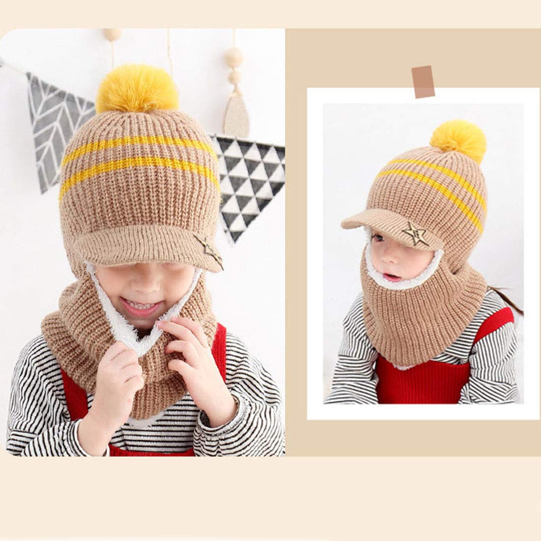YONKOUNY Kinder Wintermütze Jungen Mädchen Warm Niedlich Strickmütze Schalmütze Schlupfmütze Beanie Mütze mit Fleecefutter