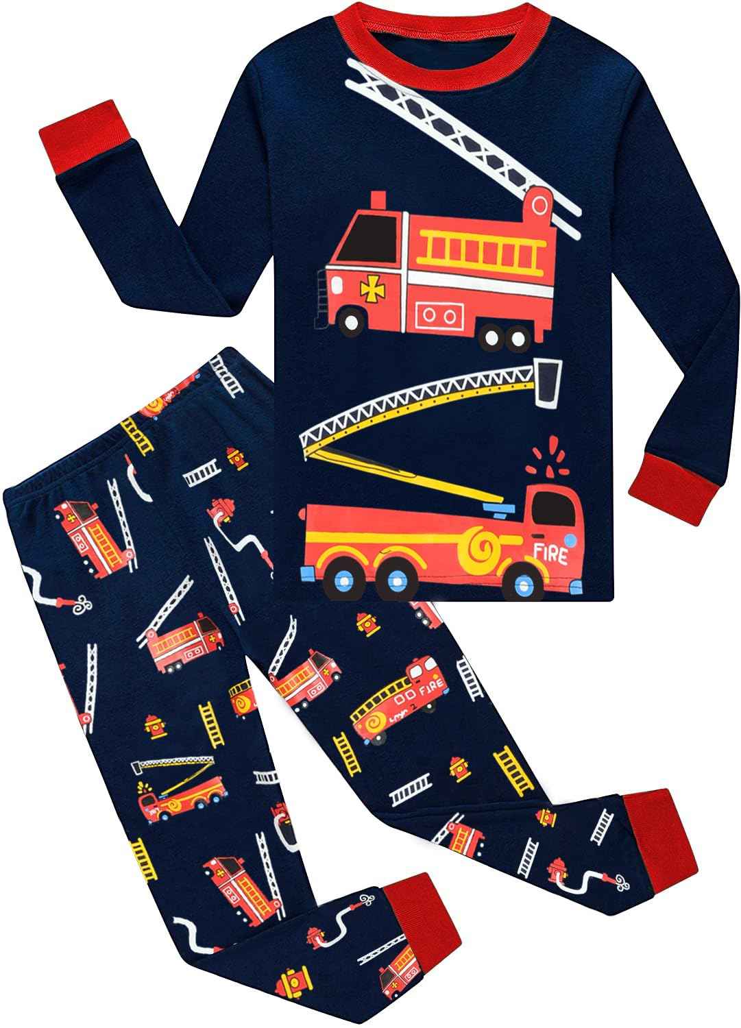 EULLA Children's Boys' Pyjamas Long Sleeve Cotton Winter Pyjama Set Fire Truck Dinosaur Digger Tractor Train Two-Piece Sleepwear 1-7 Years 92 98 104 110 116 122