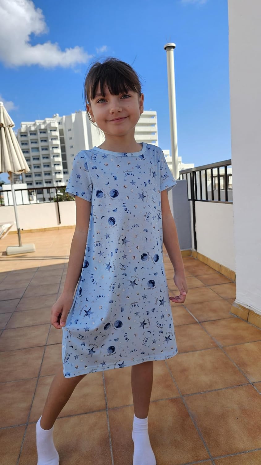 Arshiner Nachthemd Mädchen Kurzarm Pyjamas Kinder Schlafkleid Katze Einhorn Rundhals Nachtkleid 4-12 Jahre