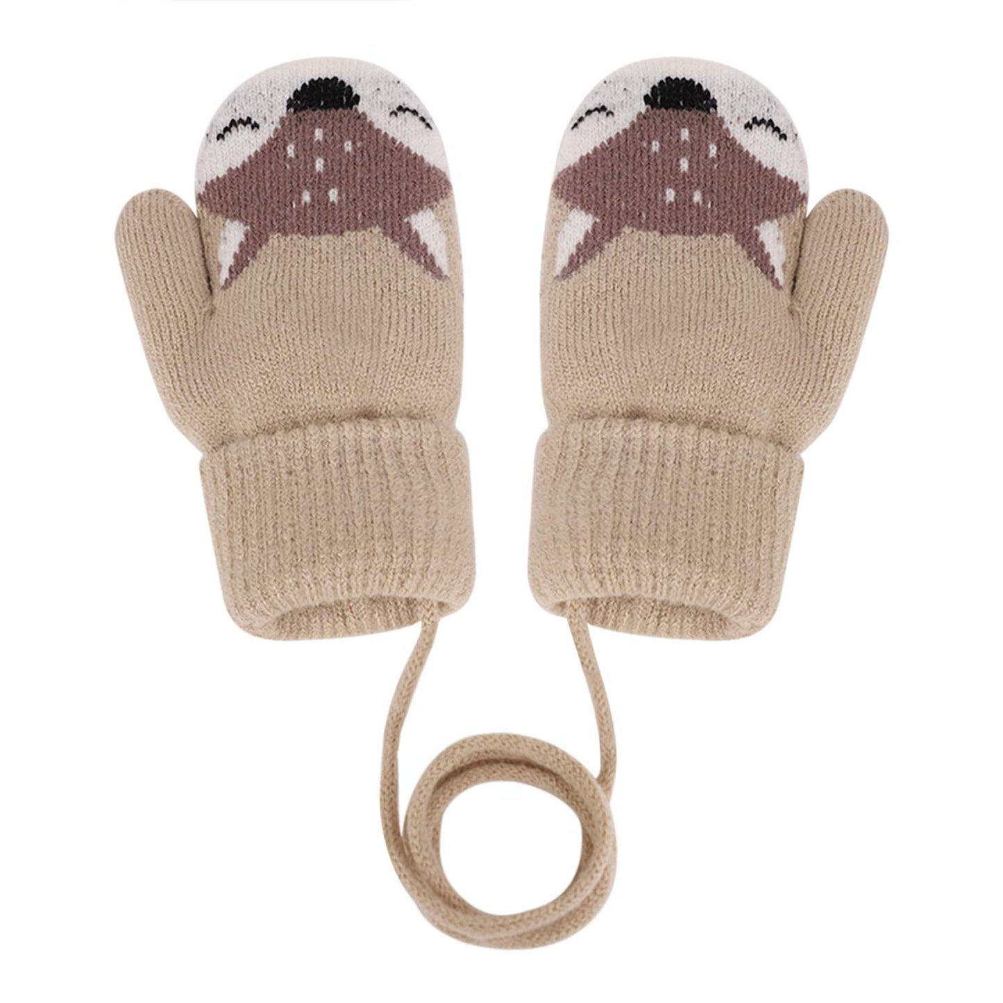 Kids Winter Gloves Mittens Baby Cartoon Mitten Neck Gloves Thick Double Knitted Glove with Plush,0 - 3 years old, Playing, Running, Skiing