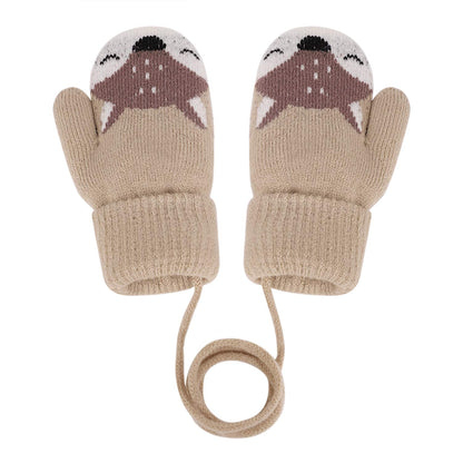 Kids Winter Gloves Mittens Baby Cartoon Mitten Neck Gloves Thick Double Knitted Glove with Plush,0 - 3 years old, Playing, Running, Skiing