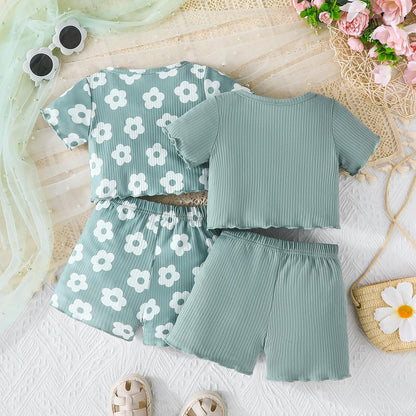 Kleinkind Baby Mädchen Kleidung Set Rüschen gerippt Kurzarm / Langarm T-Shirt Tops + Shorts Hosen 4 Stück Sommer Herbst Süße Outfits Set
